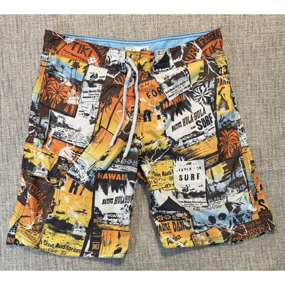 Size 386Men's OP Orange and Blue Tiki Tropical‎ Beach Swim Trunks XL See Pics